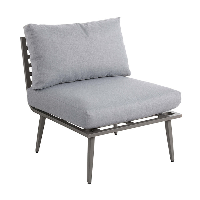 Angled view of the Mayfair middle chair, featuring modern grey cushions.