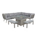 A product image of the Mayfair Corner Lounge Set with Fire Pit Table & 2 Benches, displaying the full outdoor set-up in a crisp white background, showcasing its sleek and modern design.