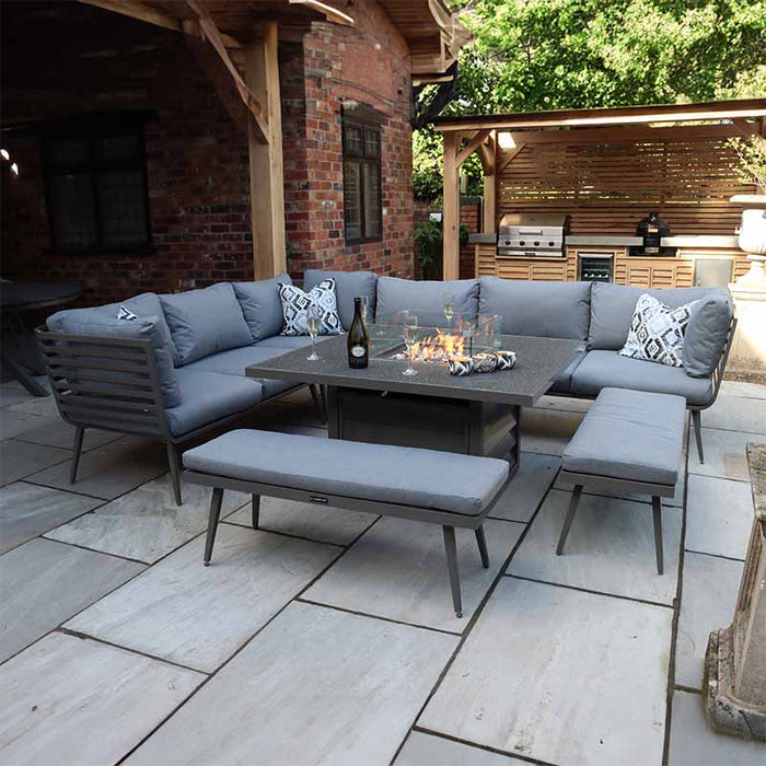 Featuring a sleek Mayfair Lounge Set with Fire Pit Table is ideal for outdoor entertaining.