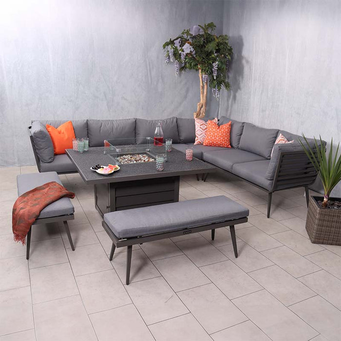 An alternative angle of the Mayfair Corner Lounge Set in a contemporary indoor setting, featuring the square fire pit table and comfortable seating with decorative cushions.