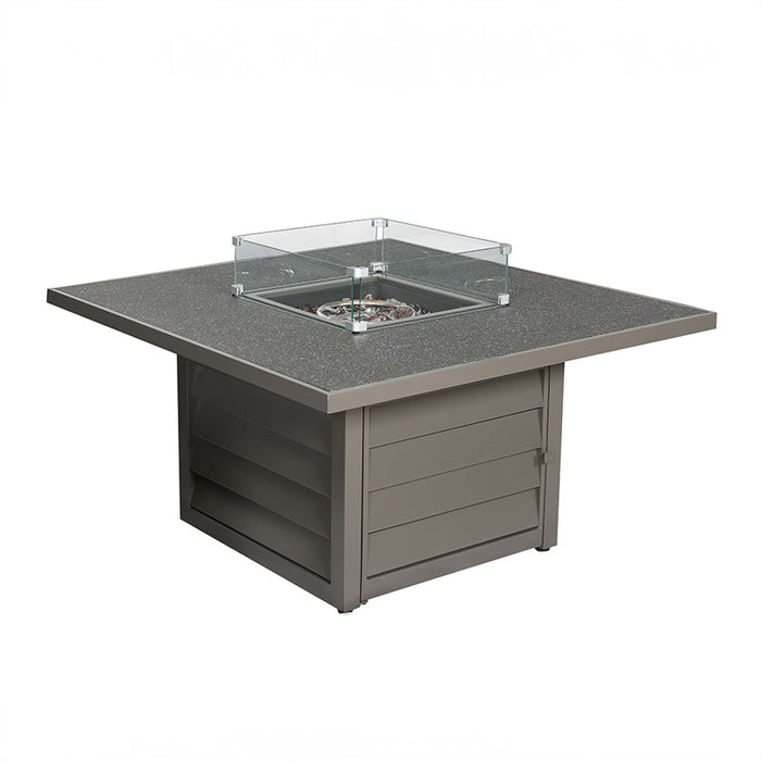 The Mayfair Fire Pit Table in a square design with a tempered glass top and wind guard, showcasing its sleek and functional appearance in a neutral grey finish.