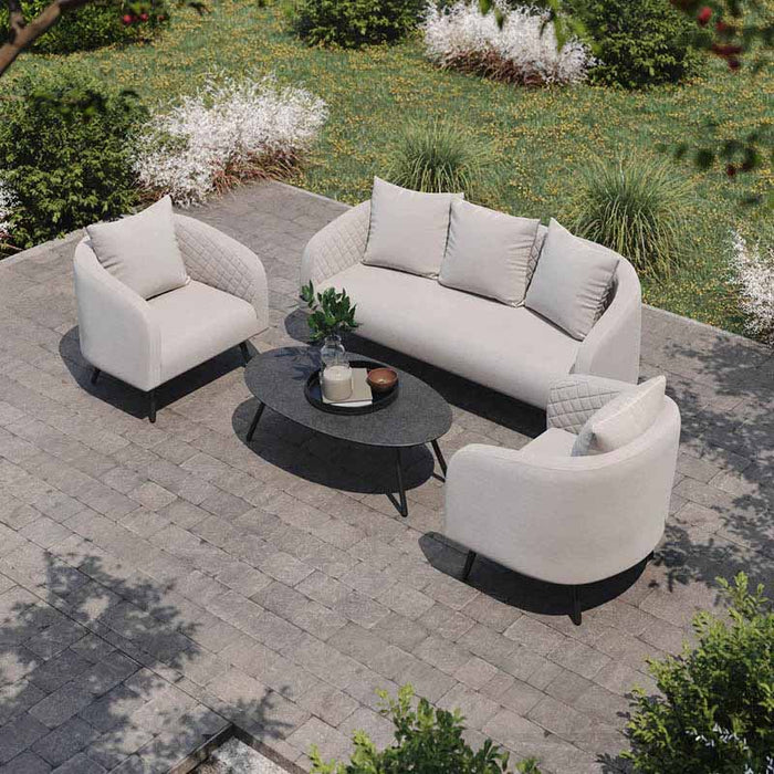 Overhead angled view of the Ambition 3 Seater Sofa Set in oatmeal, showcasing the complete seating arrangement in an outdoor space.