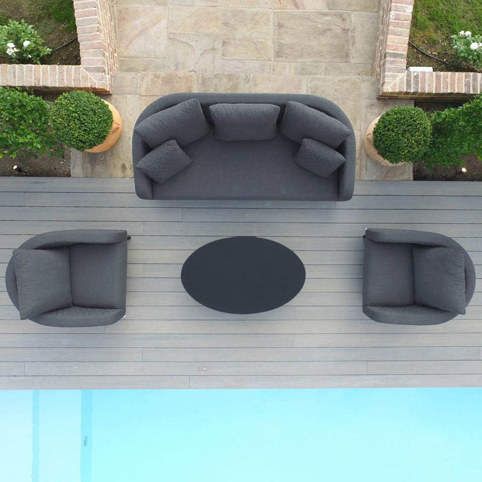 Top view of the Ambition 3 Seater Sofa Set in Flanelle, featuring the sofa, armchairs, and oval coffee table for a complete outdoor look.