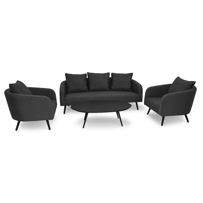 Ambition 3 Seater Sofa Set in charcoal, displayed on a white background, highlighting its sleek, modern design with plush cushions and an oval coffee table.