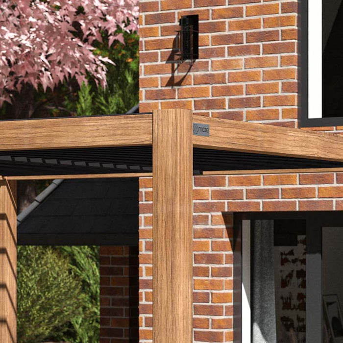 Close-up of the wood-effect aluminium frame on the Como Pergola, highlighting its durable and weather-resistant construction with a natural wood appearance.