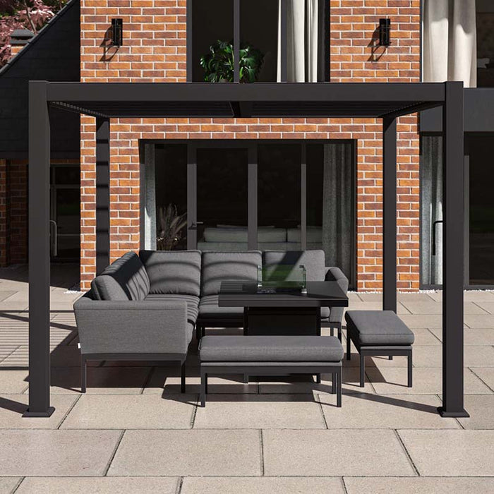 Como Aluminium Outdoor Garden Pergola in Anthracite Grey, providing a stylish and modern shelter over a grey outdoor lounge set, perfect for relaxing in any weather.