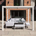 Como Aluminium Outdoor Garden Pergola in white, sheltering a contemporary outdoor seating area, perfect for creating a stylish outdoor retreat.