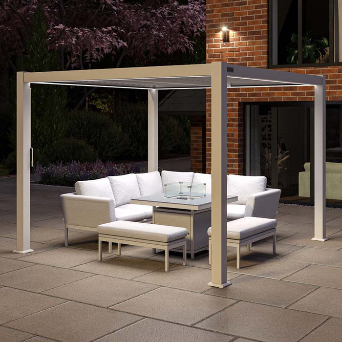 Como Aluminium Outdoor Garden Pergola in white with integrated LED lighting, offering a cosy and illuminated outdoor space for evening relaxation.