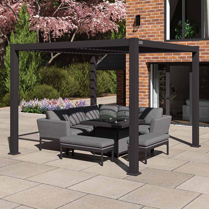 Side view of the Como Aluminium Outdoor Garden Pergola in Anthracite Grey, showcasing its sleek design and spacious area for outdoor seating and gatherings.