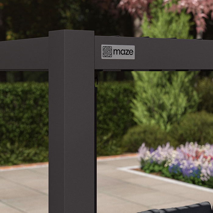 Close-up of the durable aluminium frame on the Como Pergola in Anthracite Grey, featuring the Maze logo and weather-resistant construction.