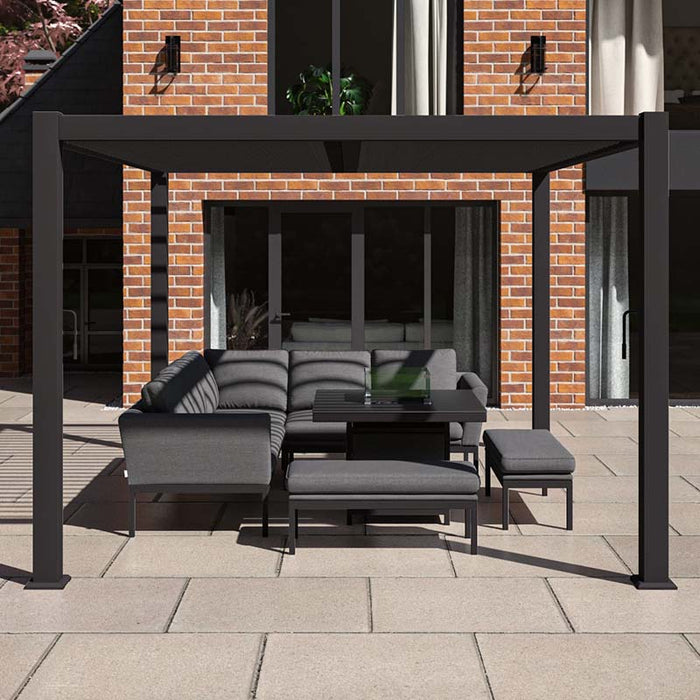 Como Aluminium Outdoor Garden Pergola in Anthracite Grey, sheltering a modern outdoor seating area with sleek, contemporary design.