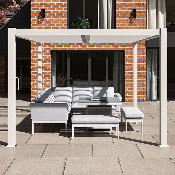 Como Aluminium Outdoor Garden Pergola in white, offering a clean and modern look for an outdoor seating area with sleek lines.