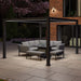 Como Aluminium Outdoor Garden Pergola in Anthracite Grey with integrated LED lighting, creating a comfortable and stylish space for evening relaxation.