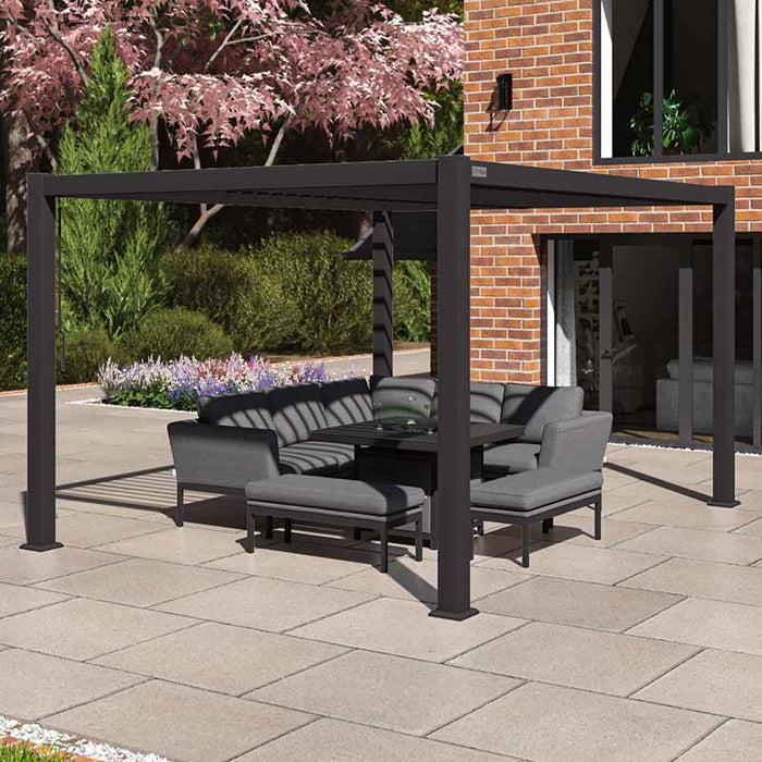 Side view of the Como Aluminium Outdoor Garden Pergola in Anthracite Grey, offering ample space for outdoor furniture and gatherings.