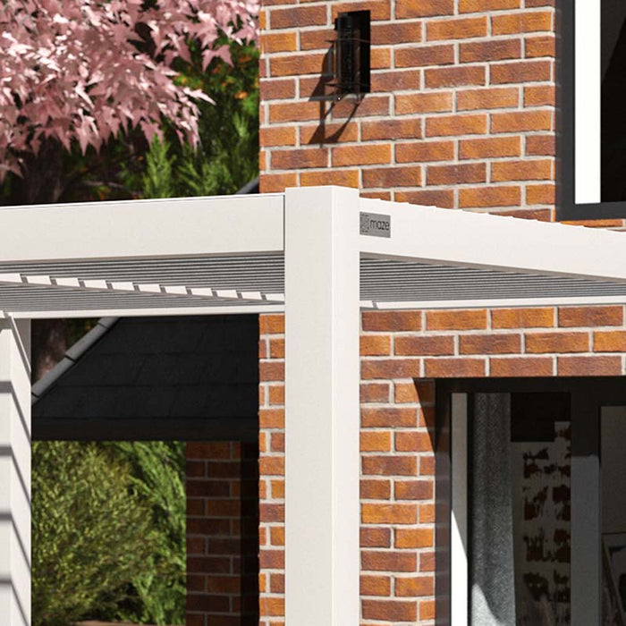 Close-up of Maze Como Pergola in White, highlighting the sleek design and durable aluminium frame.