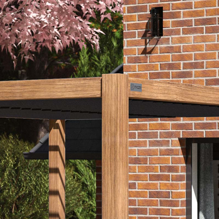 Detailed view of Maze Como Pergola post in Wood Effect finish, showing realistic wood grain and high-quality build.