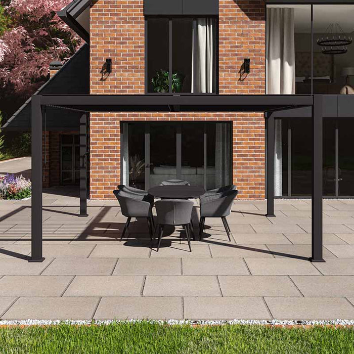 A complete view of the Como Aluminium Outdoor Garden Pergola in Anthracite Grey, 4m x 4m, showcasing its spacious design and sleek louvres, ideal for large outdoor areas.