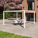 Side view of the Maze Como 4m x 4m Aluminium Garden Pergola in White, offering stylish shade for outdoor dining spaces.