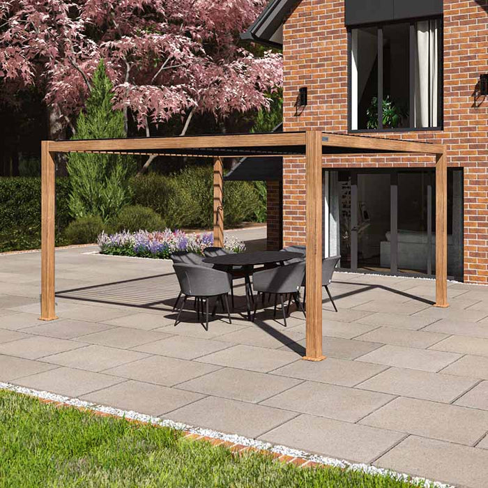 Side view of Maze Como 4m x 4m Pergola in Wood Effect, adding a natural wood aesthetic to your outdoor dining space.