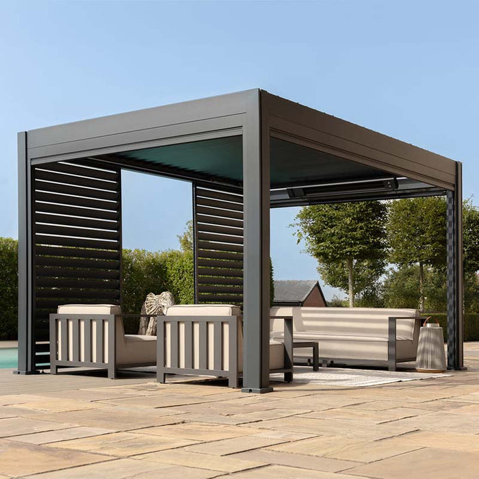 Left angle view of the Eden Aluminium Garden Pergola, showcasing the sleek grey aluminium frame and adjustable louvres for customisable outdoor shade.