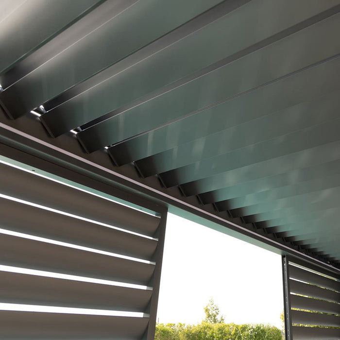 Close-up of the motorised roof louvres on the Eden Aluminium Garden Pergola, providing adjustable shade and weather control.