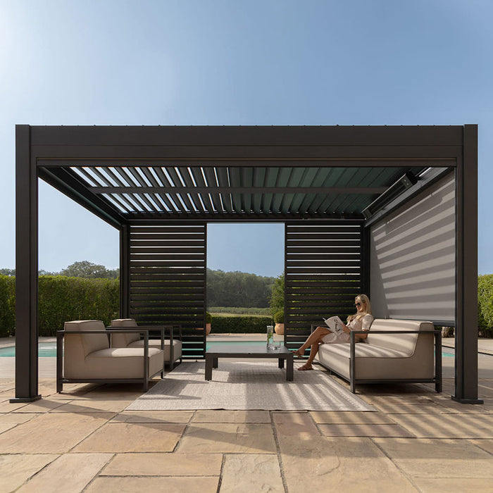 The Eden Aluminium Garden Pergola featuring retractable side panels, providing privacy and flexibility for your outdoor living area.