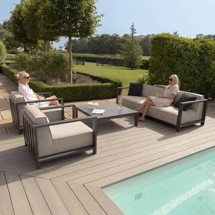 Two women enjoying the Maze Ibiza 3 Seater Sofa Set with Square Table in a poolside setting, ideal for luxurious outdoor lounging.