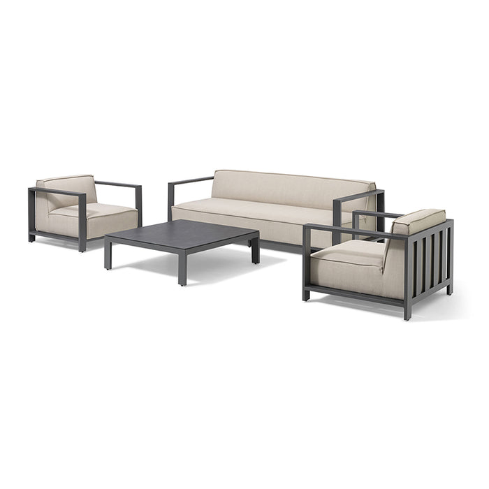 Front view of the Maze Ibiza 3 Seater Sofa Set with Square Table, showcasing its minimalist design and spacious seating area for outdoor comfort.