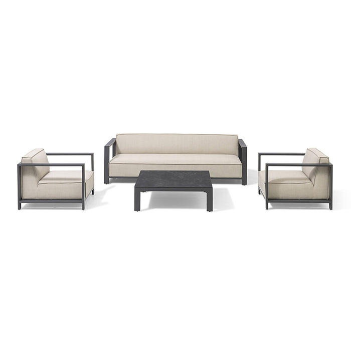 A sleek Maze Ibiza 3 Seater Sofa Set with Square Table in natural oatmeal fabric, featuring a sturdy aluminium frame and a modern square coffee table.