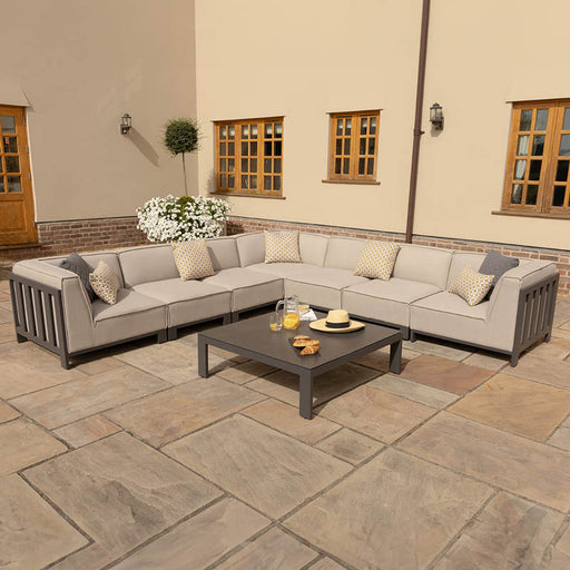 Front view of the Maze Ibiza Large Corner Sofa Set with Square Table, showcasing the stylish outdoor set with plush cushions and a square table for a functional and elegant look.