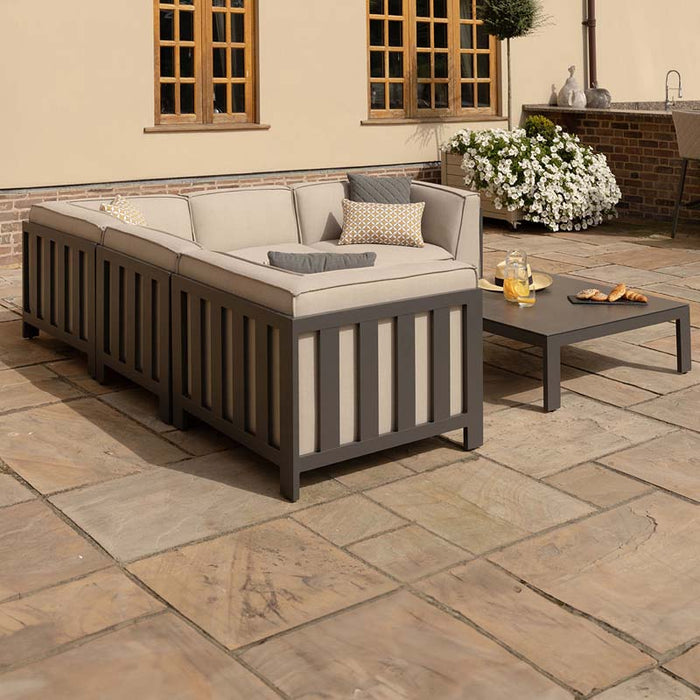 Angled shot of the Maze Ibiza Small Corner Sofa Set with Square Table, featuring a sleek design and durable materials, ideal for modern outdoor settings.