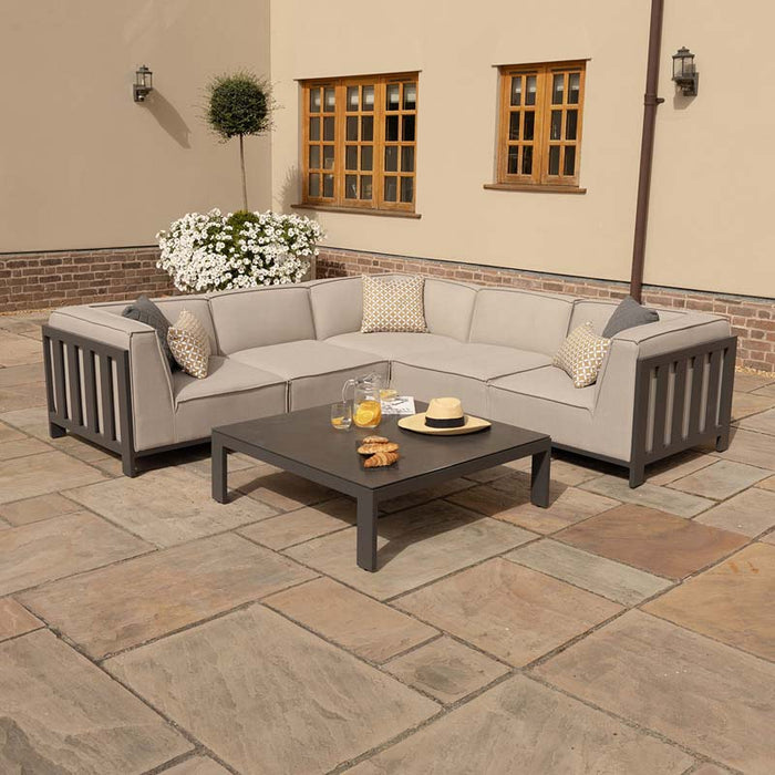 Full view of the Maze Ibiza Small Corner Sofa Set with Square Table, highlighting its spacious corner seating and contemporary design for stylish outdoor living.