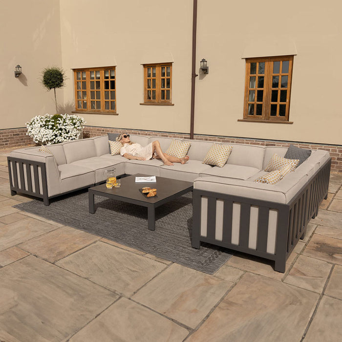 Full view of the Maze Ibiza U Shape Sofa Set with Square Table, showcasing its spacious layout, stylish aluminium frame, and contemporary outdoor seating.