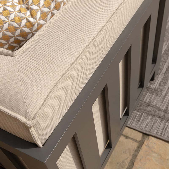 Close-up of the frame and cushions on the Maze Ibiza U Shape Sofa Set, highlighting the durable aluminium frame and soft, weather-resistant fabric.