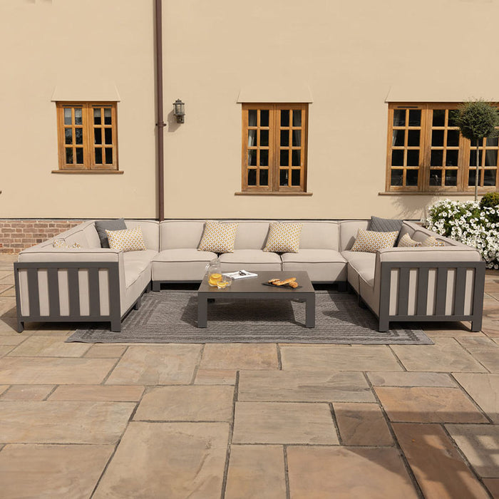 Complete view of the Maze Ibiza U Shape Sofa Set with Square Table, offering ample seating space and a sleek coffee table, perfect for outdoor lounging.