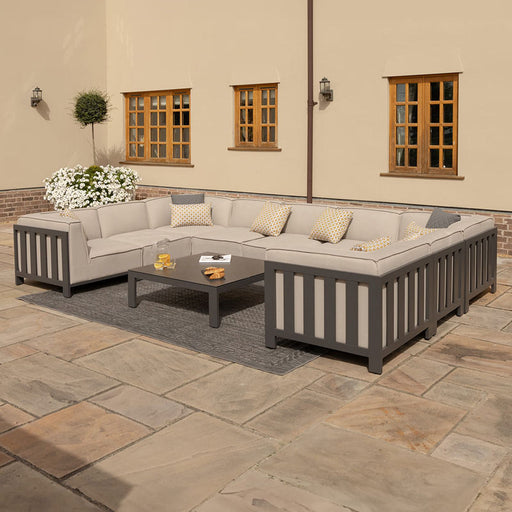 Left side view of the Maze Ibiza U Shape Sofa Set, showcasing its spacious seating and stylish aluminium frame, ideal for modern outdoor spaces.