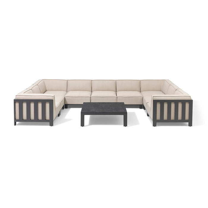 The Maze Ibiza U Shape Sofa Set with Square Table displayed against a white background, featuring clean lines and a minimalist design for outdoor spaces.