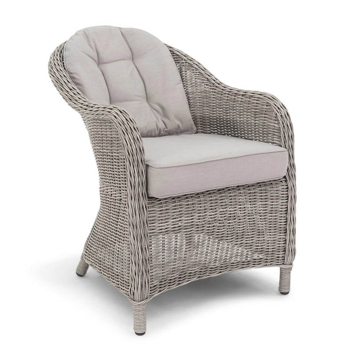 Maze Oxford Heritage rattan dining chair isolated on a white background, highlighting the grey weave and light grey cushion for a clean, elegant look.