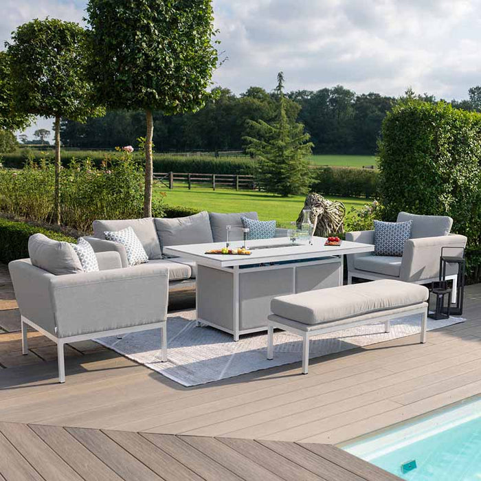 Full view of the Pulse 3 Seater Sofa Dining Set with Fire Pit, showcasing spacious seating, comfortable cushions, and modern fire pit centerpiece.