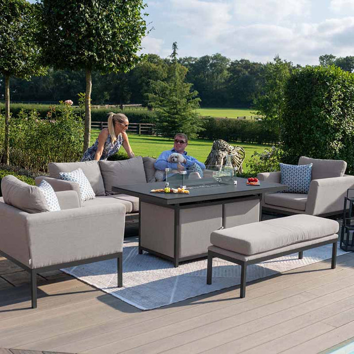 A complete view of the taupe Pulse 3 Seater Sofa Dining Set, featuring the integrated fire pit table, perfect for elegant outdoor dining.