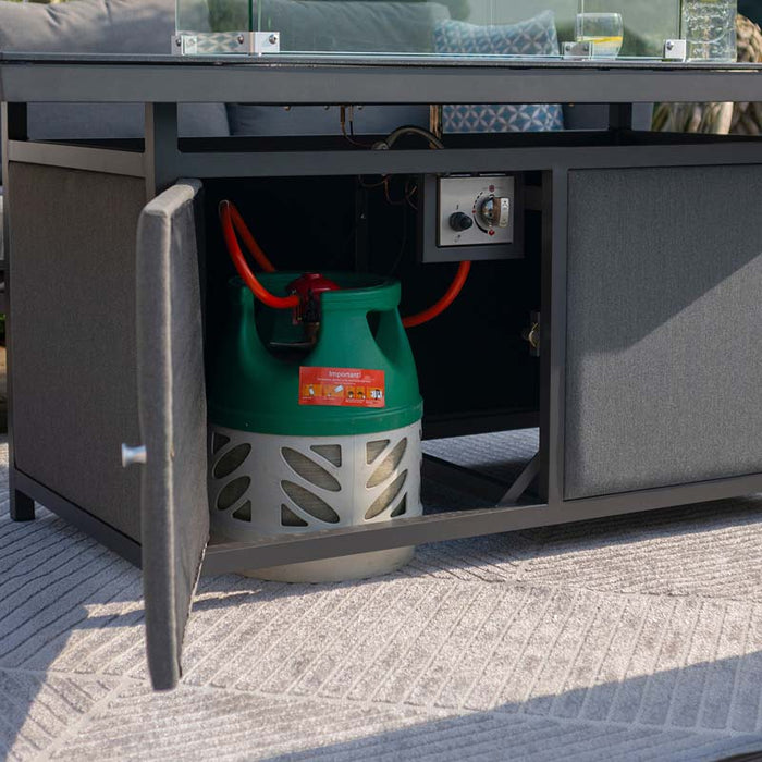 Gas bottle storage under the table, keeping everything neat and functional.