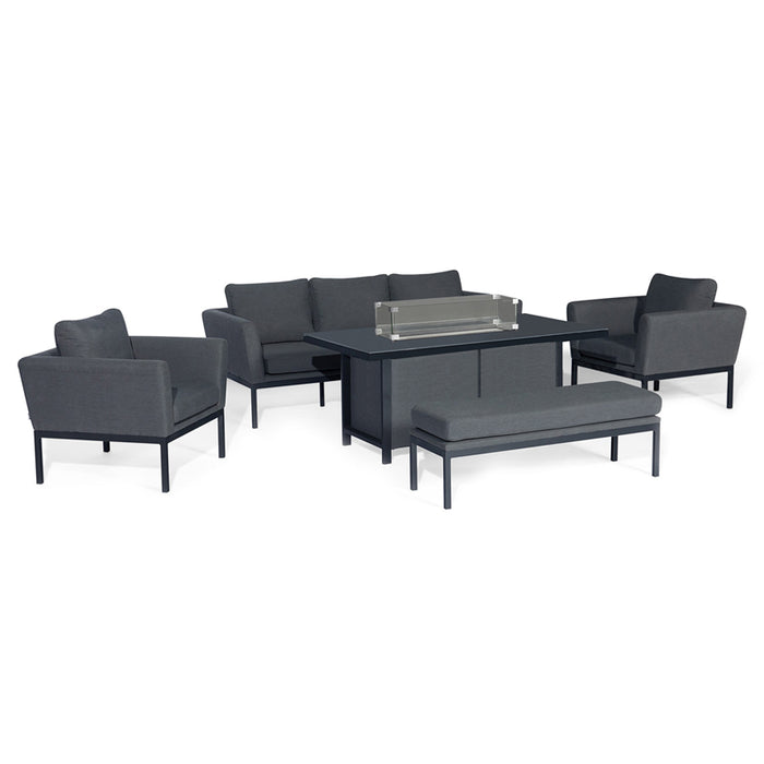 The complete Pulse 3 Seater Sofa Dining Set with fire pit on a white background, highlighting the sleek charcoal finish.