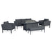 The complete Pulse 3 Seater Sofa Dining Set with fire pit on a white background, highlighting the sleek charcoal finish.