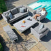 The Maze Pulse 3 Seater Sofa Dining Set with Rising Table in Lead Chine, featuring a poolside layout and stylish cushions, perfect for outdoor lounging.