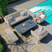 A top-down view of the Maze Pulse 3 Seater Sofa Dining Set in Oatmeal, featuring the rectangular rising table, armchairs, and bench arranged poolside in a luxurious outdoor setting.