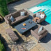 An angled birdseye view of the Maze Pulse 3 Seater Sofa Dining Set in Taupe, arranged poolside, with a rectangular rising table and cushioned seating for outdoor lounging.