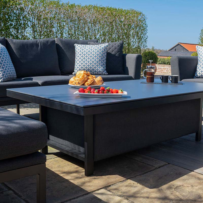 Close-up of the luxurious cushion and sturdy frame on the Charcoal Maze Pulse 3 Seater Sofa Dining Set with a sleek rising table.