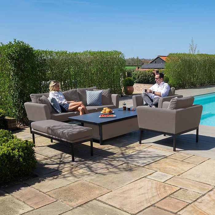 Pulse 3 Seater Sofa Dining Set with Rising Table in taupe by the pool, offering a versatile outdoor seating option.