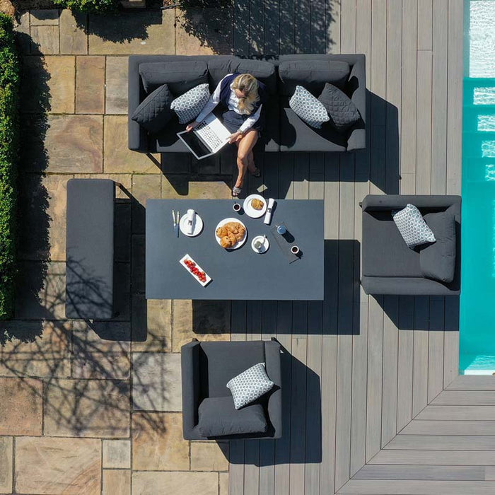 A top-down view of Maze Pulse 3 Seater Sofa showcasing the spacious seating arrangement and versatile table, perfect for any outdoor setting.