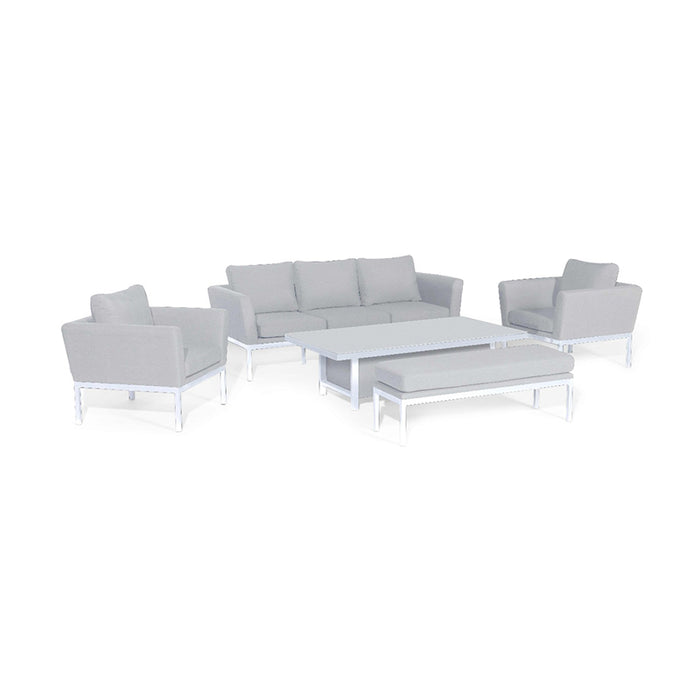 Stylish Pulse 3 Seater Sofa Dining Set with Rising Table and soft lead chine cushions, displayed on a white background.